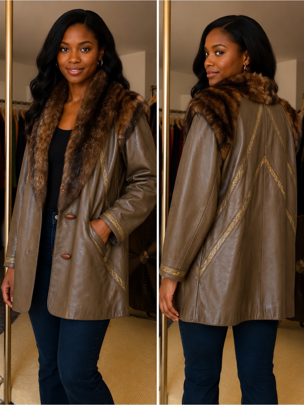 Marvin Richards Olive Brown Leather Coat with Fur Collar